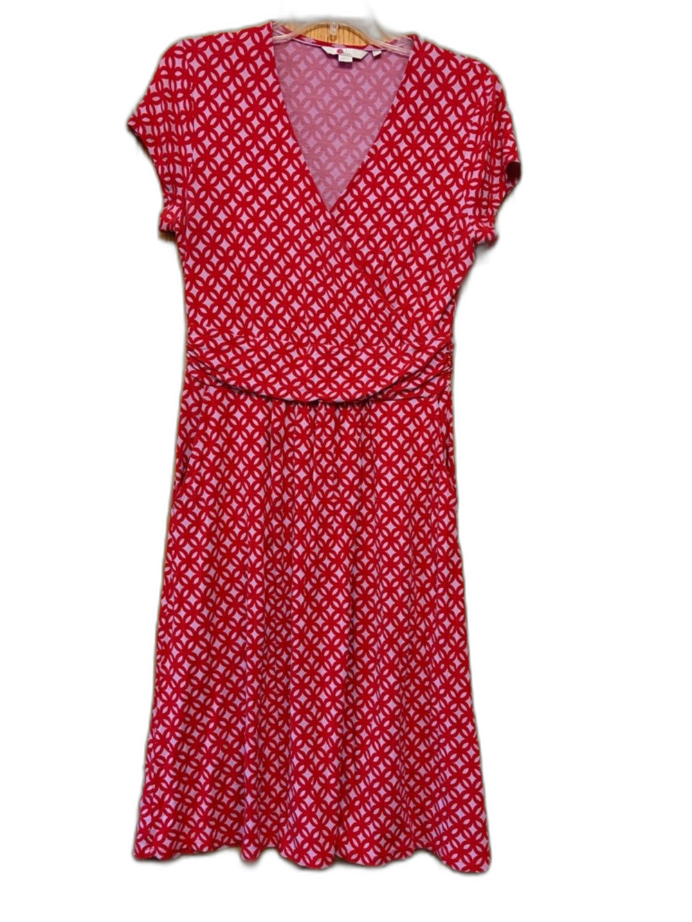 Boden Lola Red Pink Geometric Wrap-Style Midi Dress with Pockets 8 Jersey Knit